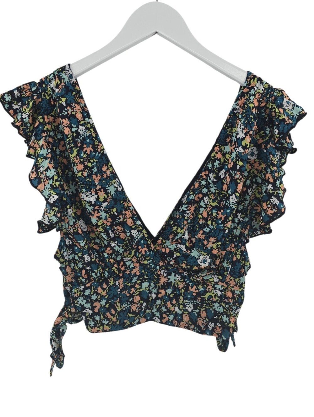 Free People Pretty Dayz Crop Size Medium Blue & Black Floral Ruffle Accent